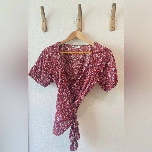 Madewell Puff-Sleeve Wrap Crop Top in Batik Vine Size XXS - Picture 2 of 4